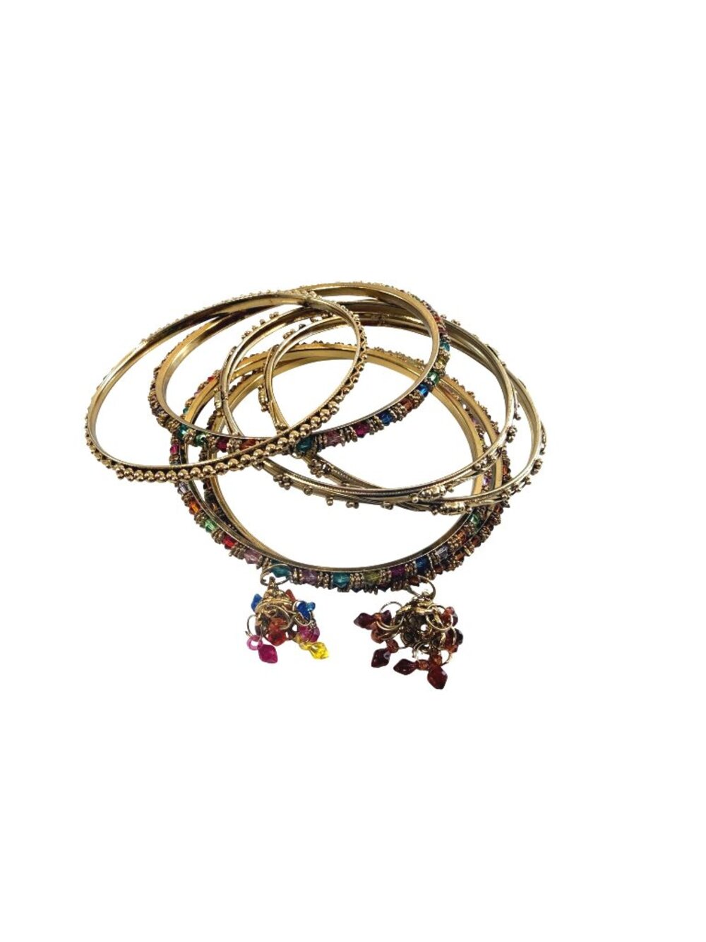 6 Indian Bollywood Gold Bangle Bracelets Multicolor Beads & Dangling Charms